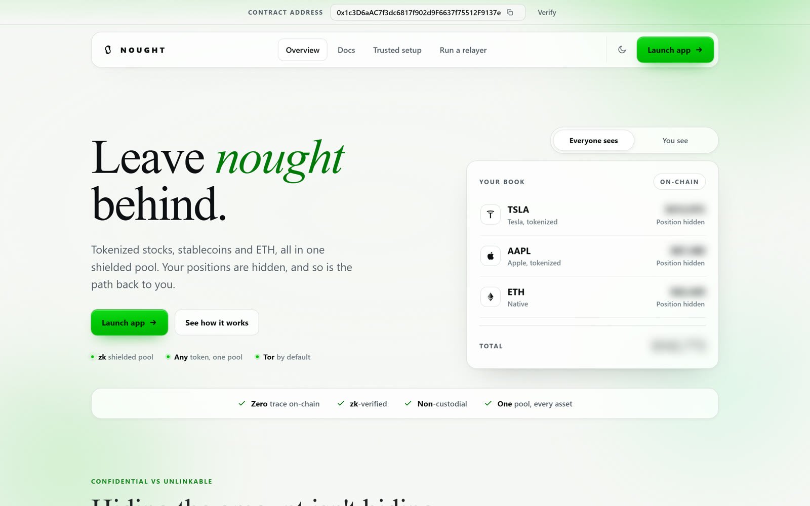 Nought landing page: 'Leave nought behind' with a book of tokenized stock positions shown as hidden